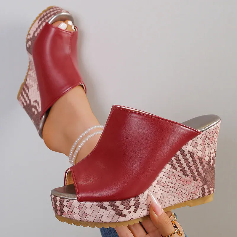 KissICON Pu Leather Block Print Thick Sole Wedges Sandals