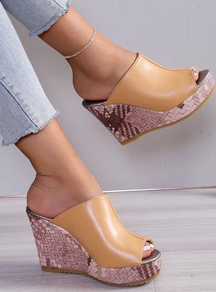 KissICON Pu Leather Block Print Thick Sole Wedges Sandals