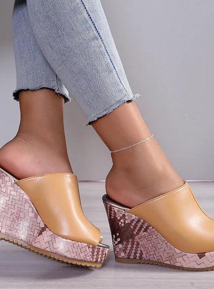 KissICON Pu Leather Block Print Thick Sole Wedges Sandals