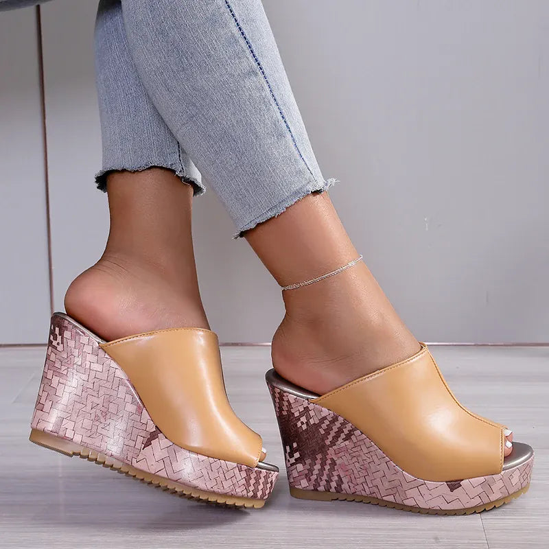 KissICON Pu Leather Block Print Thick Sole Wedges Sandals
