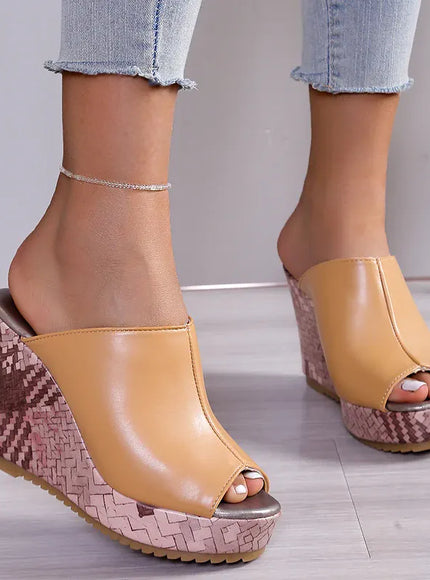 KissICON Pu Leather Block Print Thick Sole Wedges Sandals