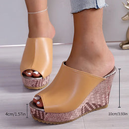 KissICON Pu Leather Block Print Thick Sole Wedges Sandals