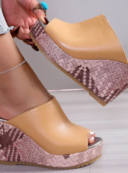 KissICON Pu Leather Block Print Thick Sole Wedges Sandals