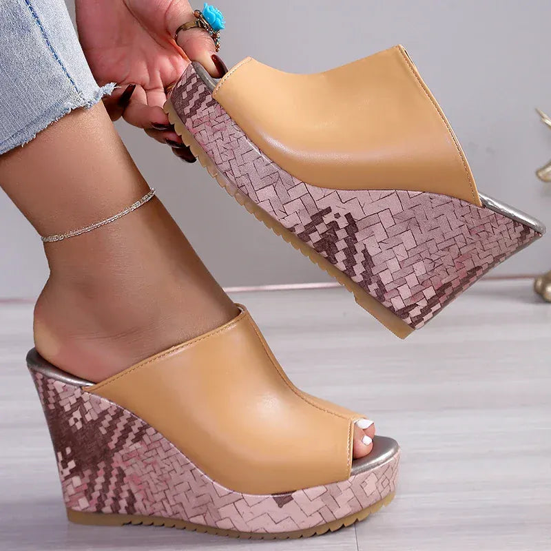 KissICON Pu Leather Block Print Thick Sole Wedges Sandals