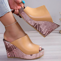 KissICON Pu Leather Block Print Thick Sole Wedges Sandals