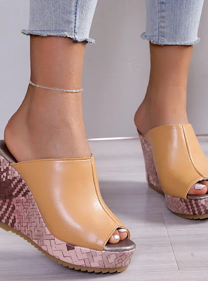 KissICON Pu Leather Block Print Thick Sole Wedges Sandals