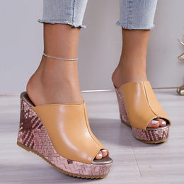 KissICON Pu Leather Block Print Thick Sole Wedges Sandals