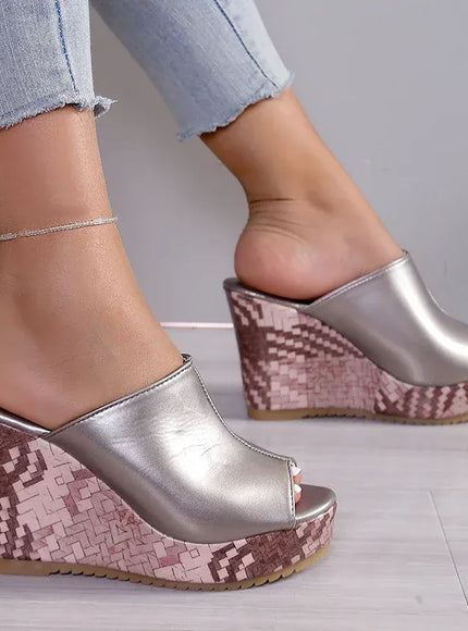 KissICON Pu Leather Block Print Thick Sole Wedges Sandals