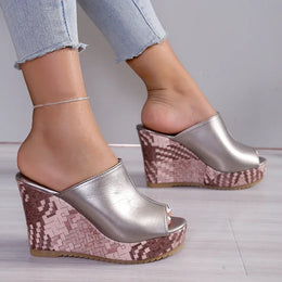 KissICON Pu Leather Block Print Thick Sole Wedges Sandals
