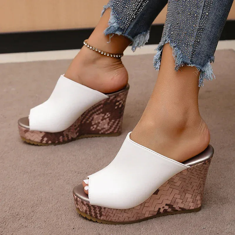 KissICON Pu Leather Block Print Thick Sole Wedges Sandals
