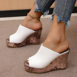 KissICON Pu Leather Block Print Thick Sole Wedges Sandals