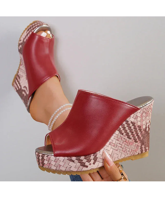 KissICON Pu Leather Block Print Thick Sole Wedges Sandals