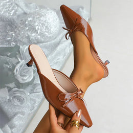 KissICON Pu Leather Low Heels Sandals for Women Bowtie