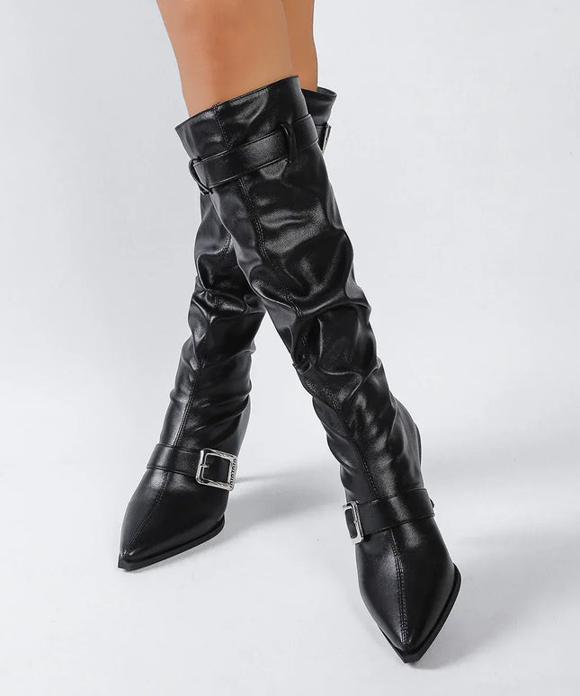 KissICON Punk Metal Buckle Decor High Heels Boots Women