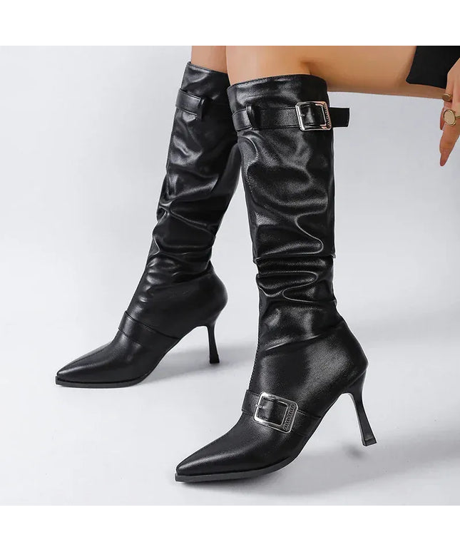 KissICON Punk Metal Buckle Decor High Heels Boots Women