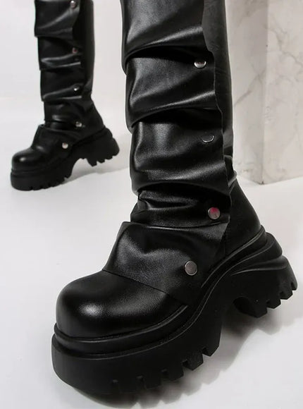 KissICON Punk Rivet Pleated Black Women's Boots Fashion Chunky