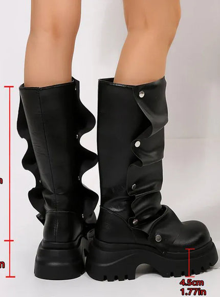 KissICON Punk Rivet Pleated Black Women's Boots Fashion Chunky