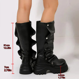 KissICON Punk Rivet Pleated Black Women's Boots Fashion Chunky