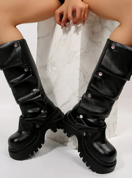 KissICON Punk Rivet Pleated Black Women's Boots Fashion Chunky