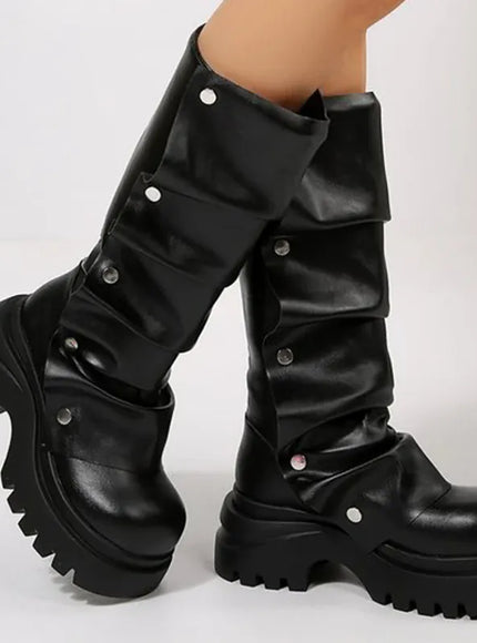 KissICON Punk Rivet Pleated Black Women's Boots Fashion Chunky