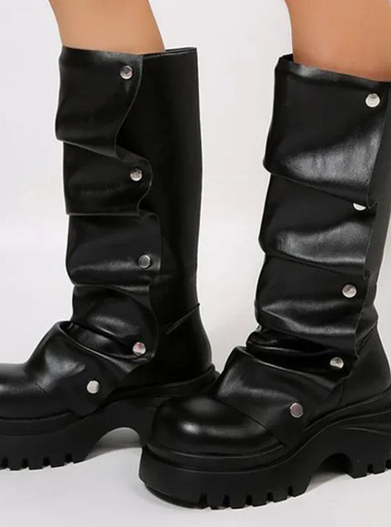 KissICON Punk Rivet Pleated Black Women's Boots Fashion Chunky