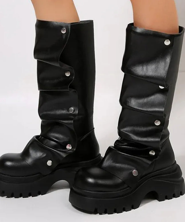 KissICON Punk Rivet Pleated Black Women's Boots Fashion Chunky