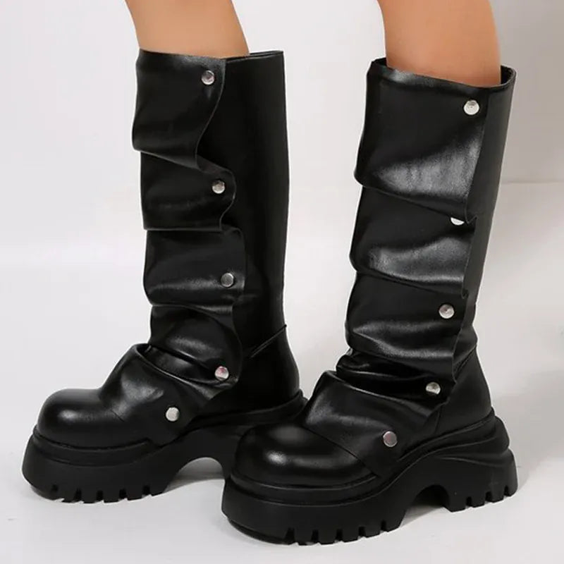 KissICON Punk Rivet Pleated Black Women's Boots Fashion Chunky