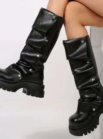 KissICON Punk Rivet Pleated Black Women's Boots Fashion Chunky