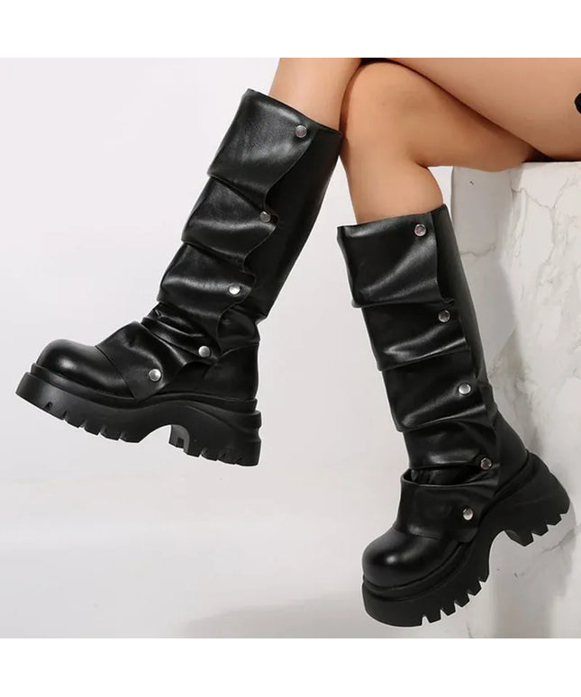 KissICON Punk Rivet Pleated Black Women's Boots Fashion Chunky