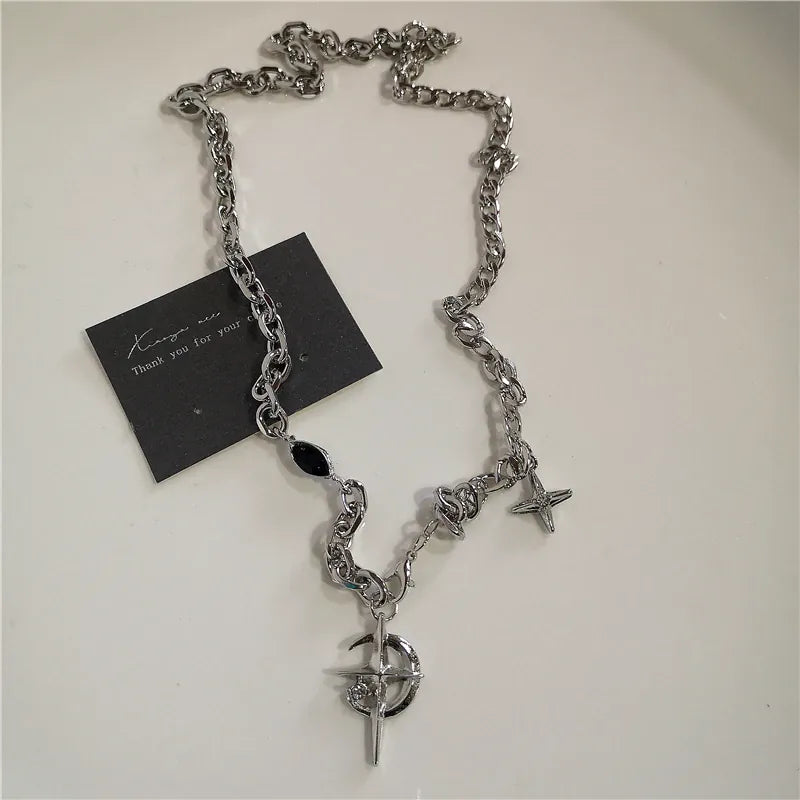 KissICON Punk Rock Black Heart Cross Pendant Chain Necklace For Men Women Cool Hip Hop Street Vintage 90s Y2K Grunge Goth Accessories