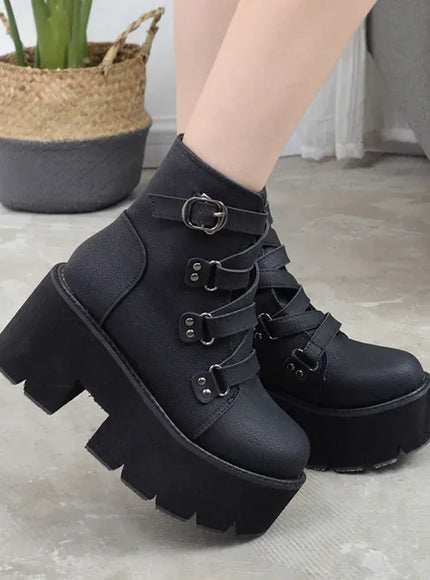 KissICON Punk Style Super High Heel Goth Boots Black