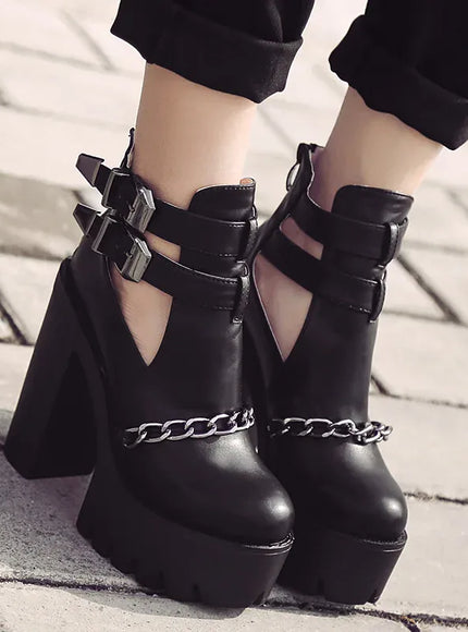 KissICON Punk Style Super High Heel Goth Boots Black