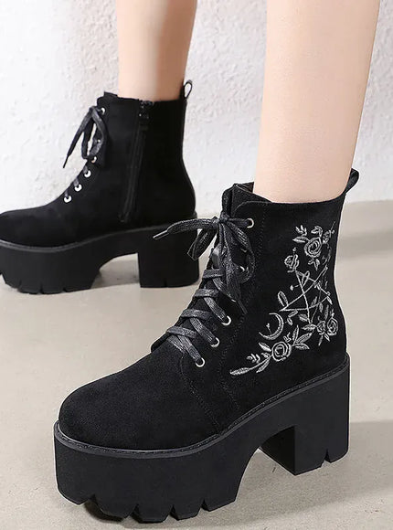 KissICON Punk Style Super High Heel Goth Boots Black