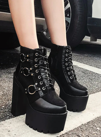 KissICON Punk Style Super High Heel Goth Boots Black