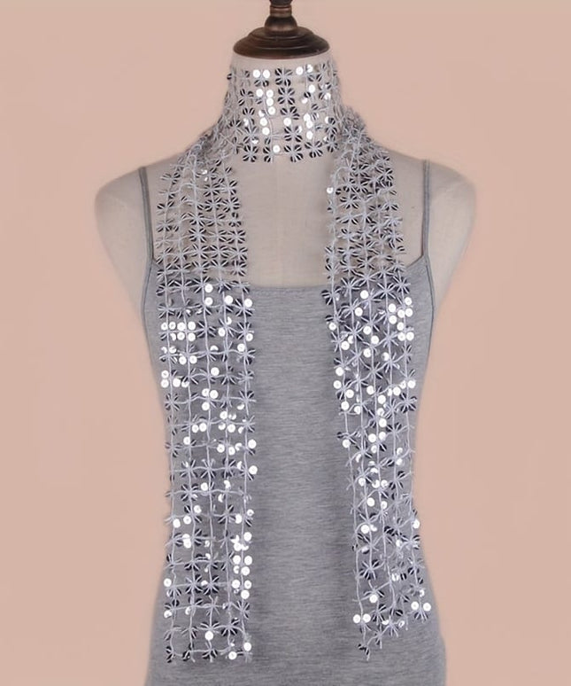 jkthpu-45 Pure White / Generous 8x160cm Sparkle  Style Versatile Sequined Embroidered Scarf
