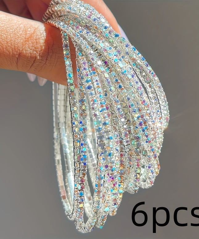 jkthpu-45 Pure White Sparkling Rhinestone Stretch Bracelet Set  6pc Bling