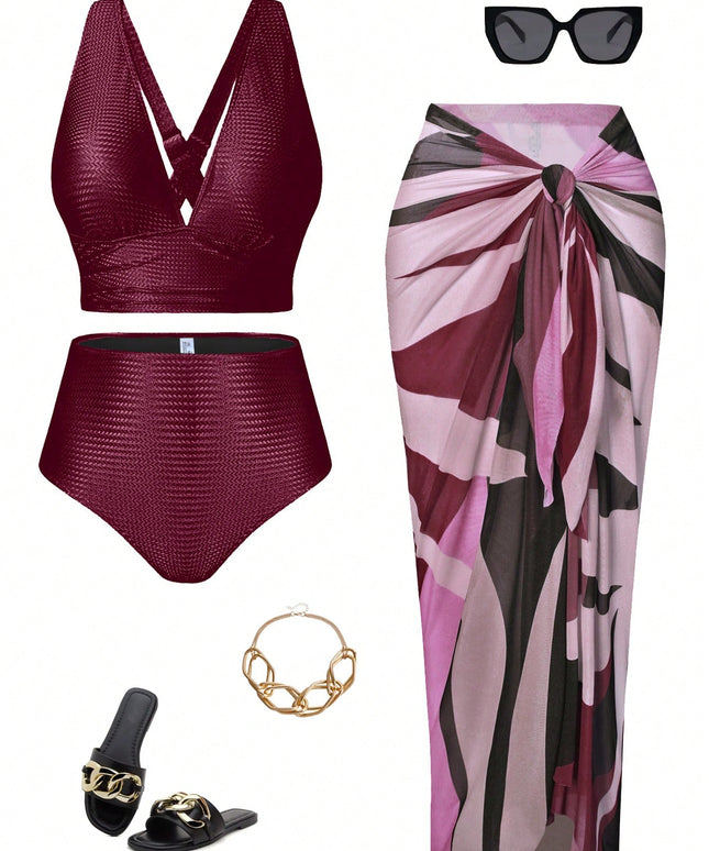 KissICON Purple / 0XL Curve Solid Color Bikini – Swim Trunks Tie