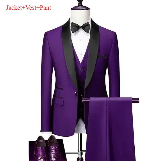 KissICON Purple 3pcs Set / XXXL Mens Black Lapel Suit Coat Vest Trousers for Formal Events