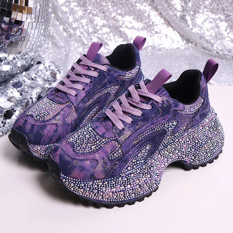 Dropshipman Purple / 41 Luxury Rhinestone Chunky Sneakers for Women Fashion Purple Denim Platform Sports Shoes Woman Non Slip Thick Sole Vulcanize Shoes