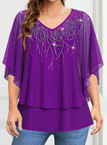 KissICON Purple / 4XL Plus Size Women's Blouse V-Neck Pullover Batwing Sleeve Sparkly Layered Shirts Blouse Women'S Clothing Casual Summer Top