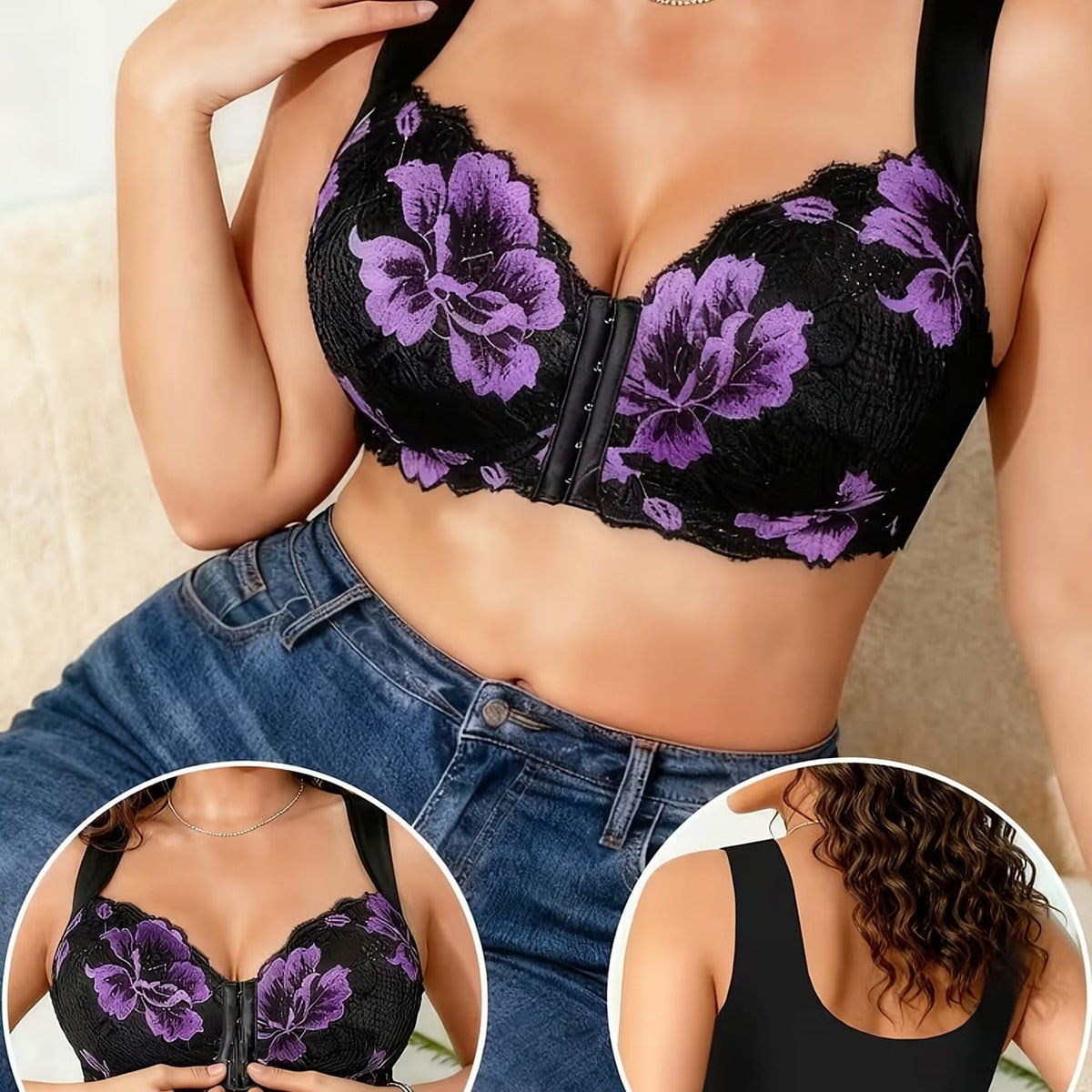 KissICON Purple / 4XL Plus-size Women's Lace Floral Front-clasp Bra