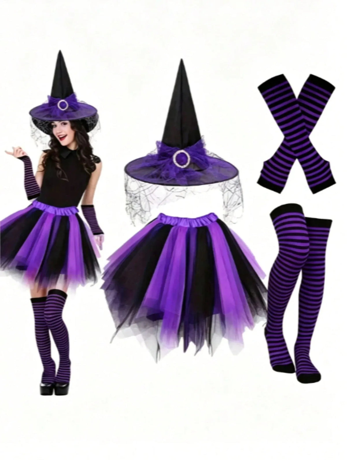 KissICON Purple and Black Witch Costume with Tulle Skirt and Accessories