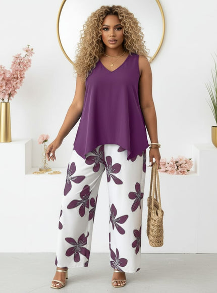 jkthpu-45 Purple And White / UK 18 Chic Plus Size Spring Floral Set VNeck Top  Wide Leg Pants