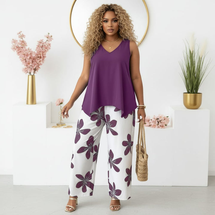 Chic Plus Size Spring Floral Set VNeck Top  Wide Leg Pants