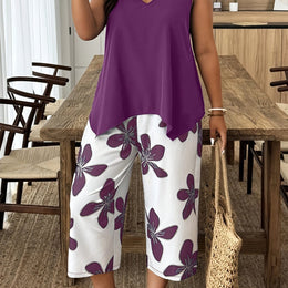 jkthpu-45 Purple And White / UK 24 Chic Plus Size Spring Floral Set VNeck Top  Wide Leg Pants