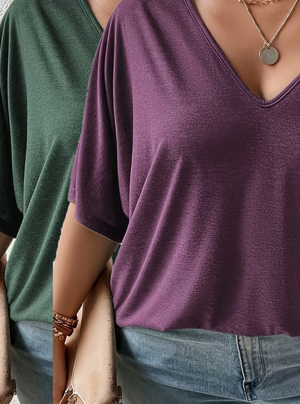 KissICON Purple+Green / UK 16 Plus Size, Plus Size Women's 2pcs Set Deep V Neck Solid Color Pocket Patch T-Shirt