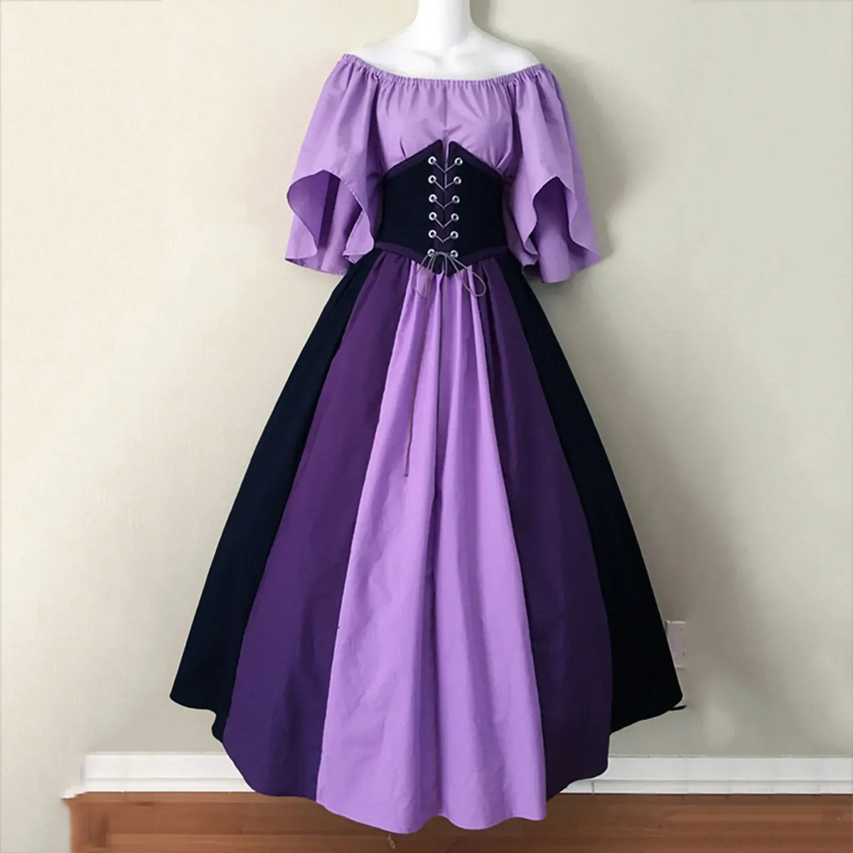 KissICON purple / L Halloween Costumes for Women Medieval Retro Contrasting Color Slim Swing Dress One-word Shoulder Dress Love Live Cosplay