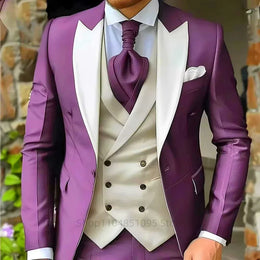 KissICON Purple / M Mens Elegant Peak Lapel 3Piece Tuxedo Suit