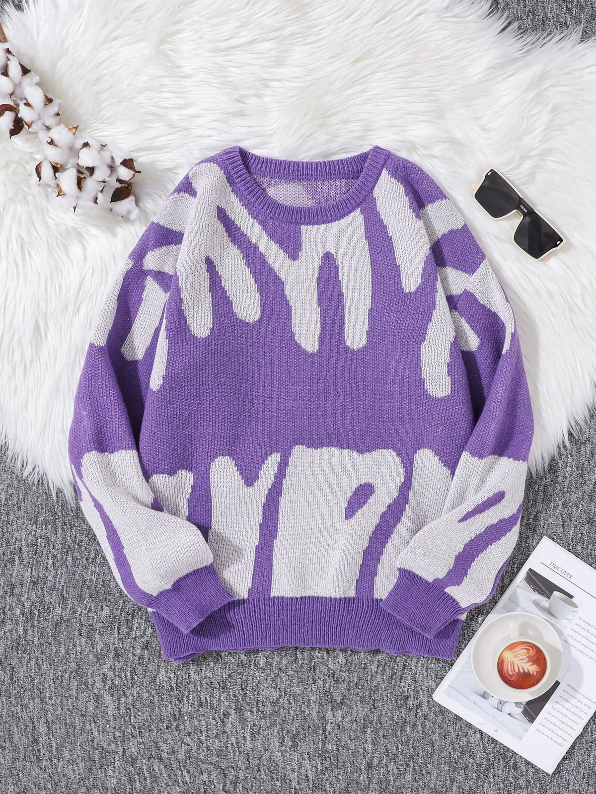 KissICON PURPLE / M Trendy Irregular Jacquard ColorBlock Mens Pullover Sweater