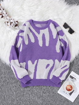 KissICON PURPLE / M Trendy Irregular Jacquard ColorBlock Mens Pullover Sweater